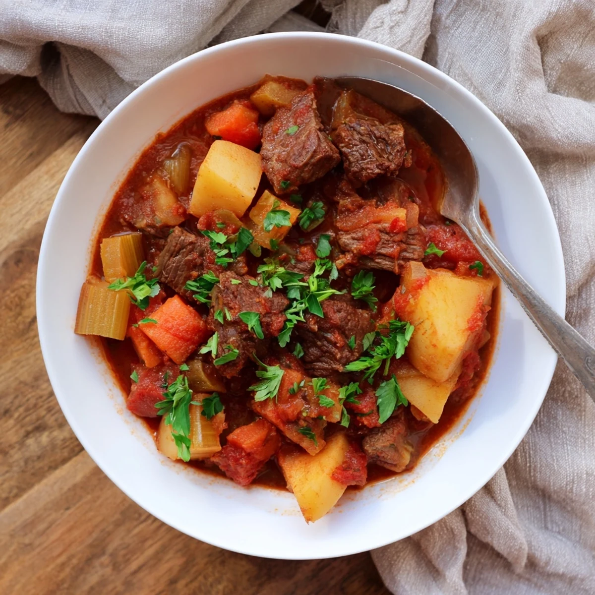 Rustic Italian beef stew spezzatino di manzo simmered with tender vegetables in rich tomato sauce