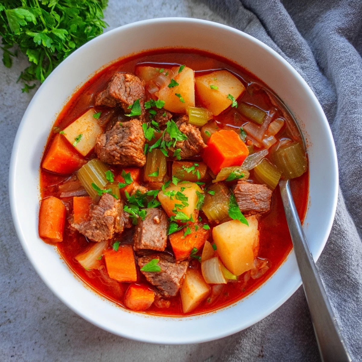 Hearty bowl of spezzatino di manzo featuring beef cubes, potatoes, and carrots in thickened red wine gravy