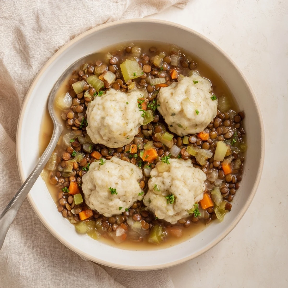 Golden brown fluffy dumplings steaming atop a bowl of hearty lentils with dumplings stew