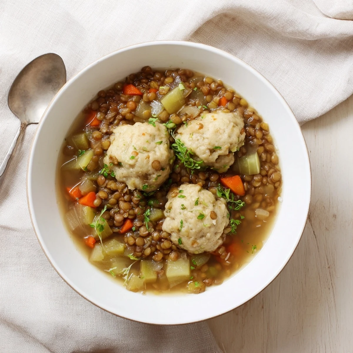 Spoon lifting tender lentils with fluffy dumplings in a rich vegetable broth bowl