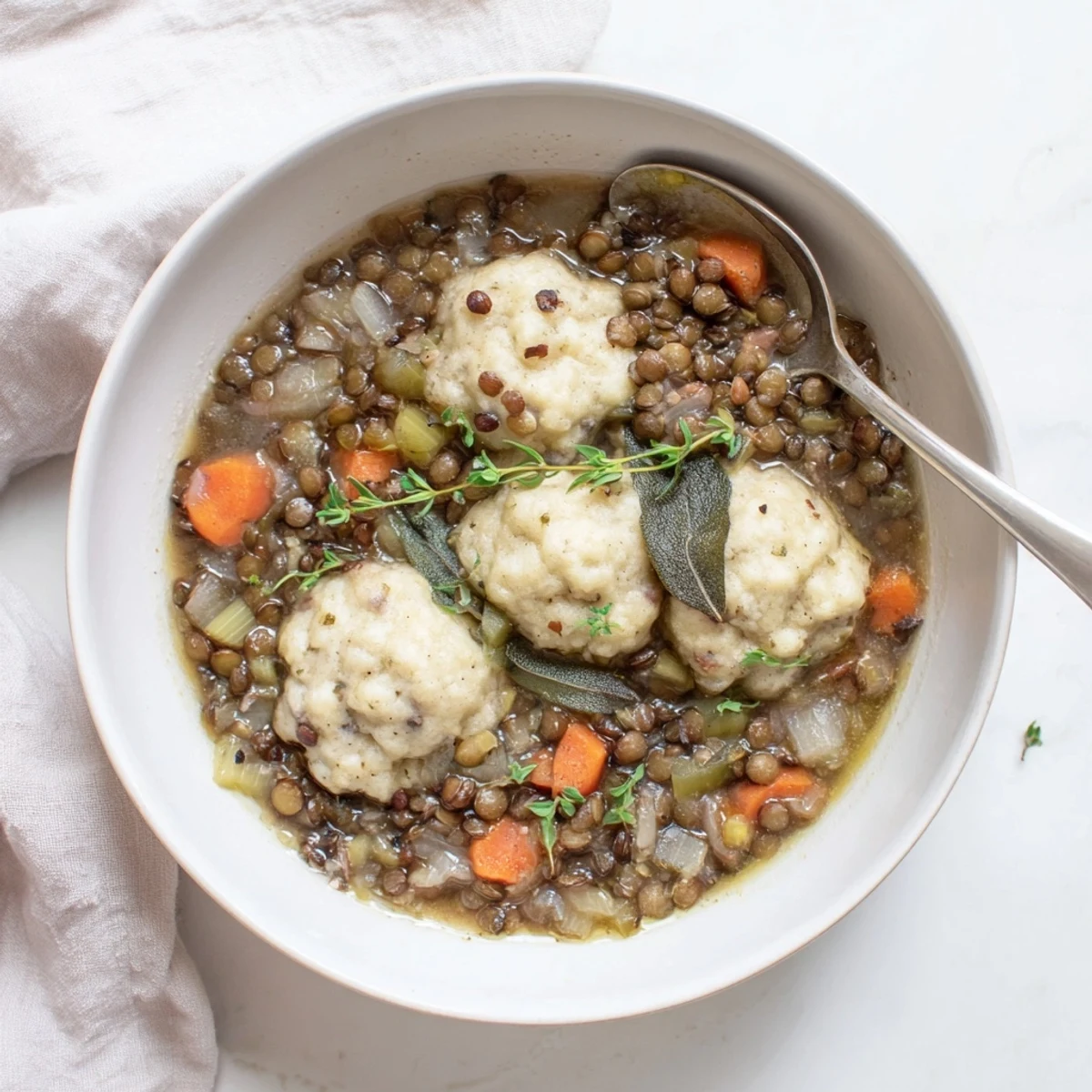 Comforting bowl of lentils with dumplings garnished with fresh parsley and crusty bread