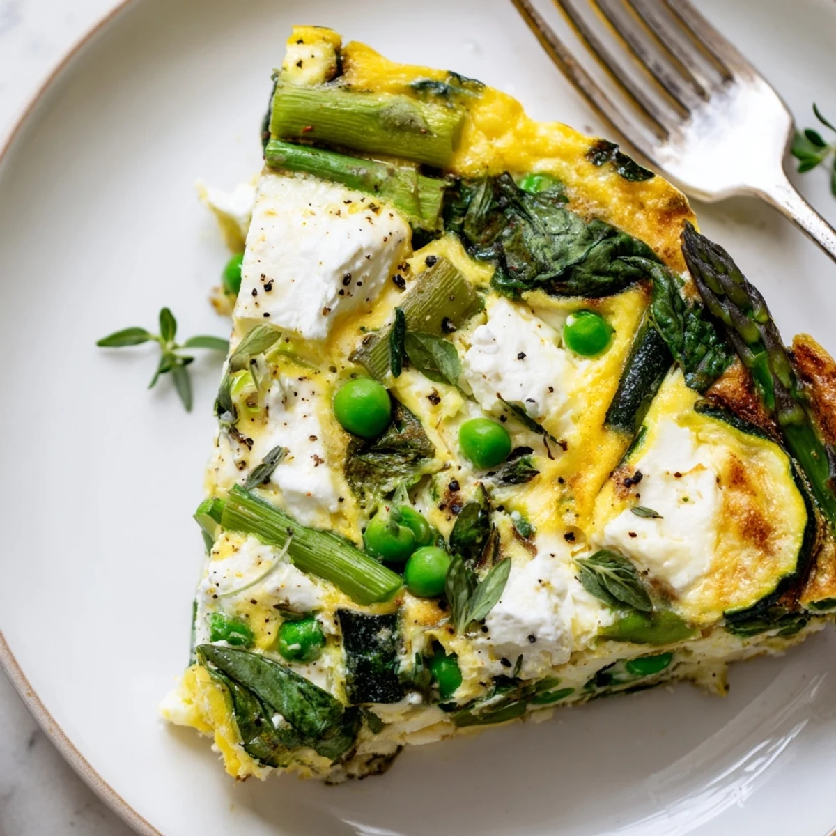 Oven baked Spring Vegetable Frittata With Goat Cheese, golden edges and fluffy center