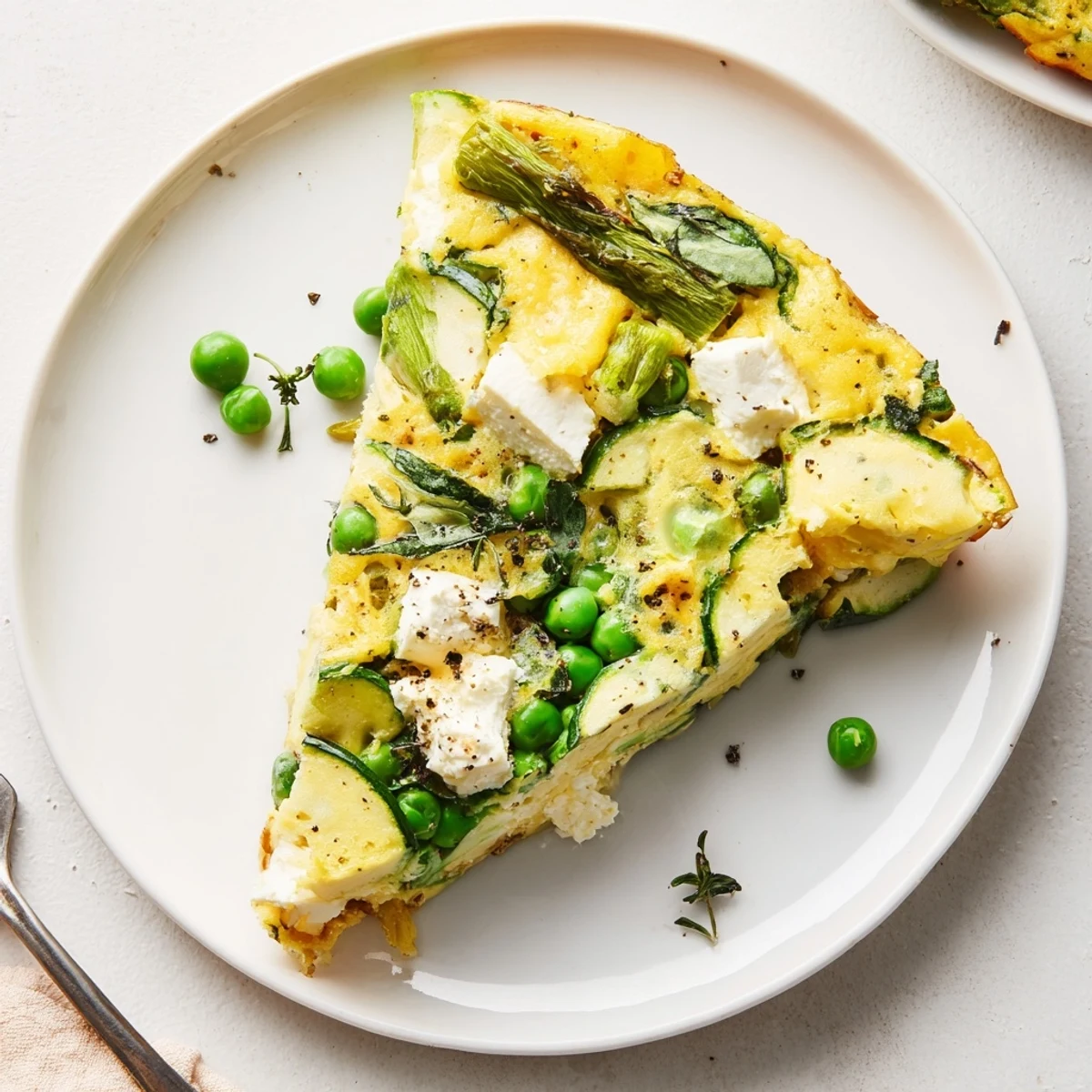 Sliced Spring Vegetable Frittata With Goat Cheese served warm with crisp salad