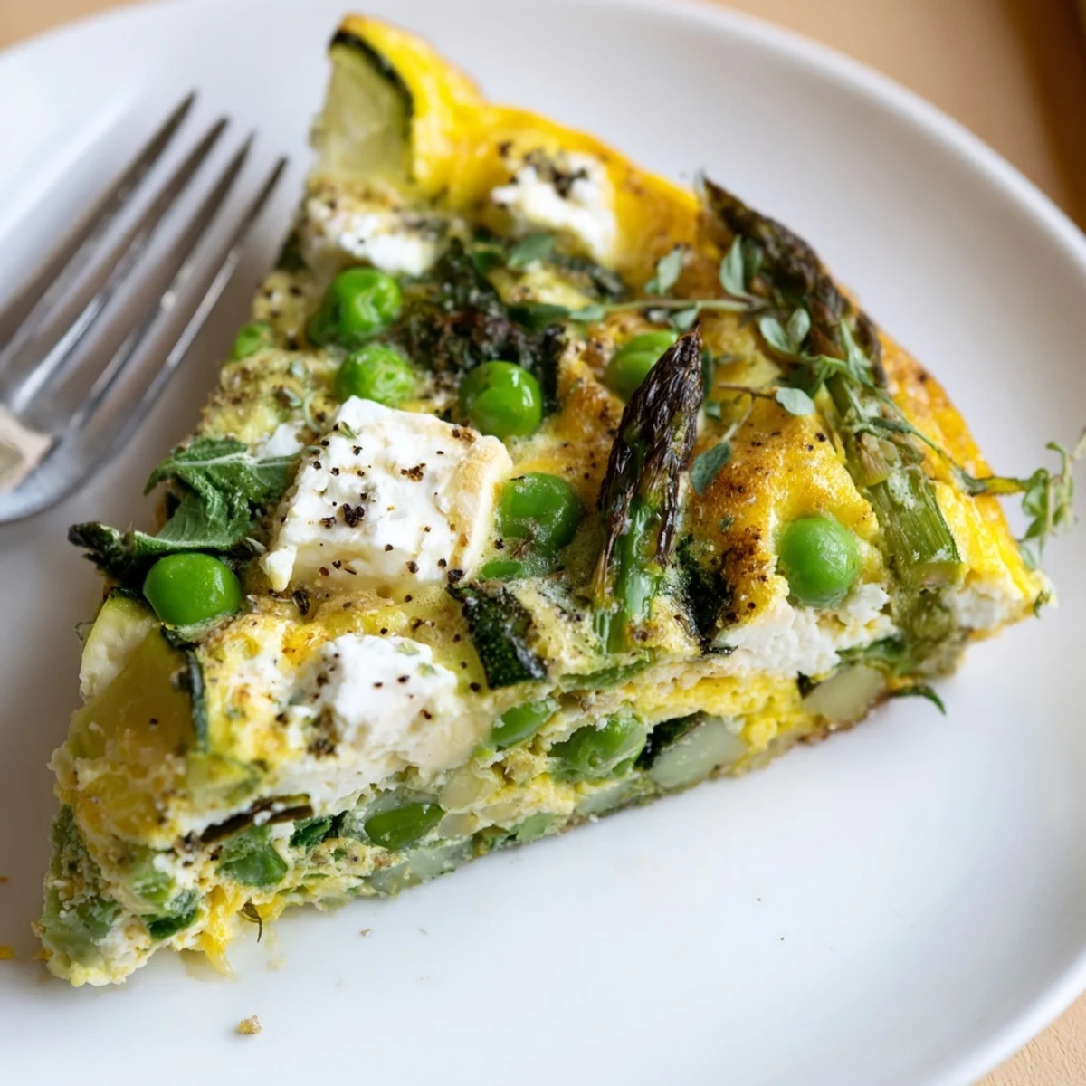 Skillet browned Spring Vegetable Frittata With Goat Cheese, tender asparagus and bright peas
