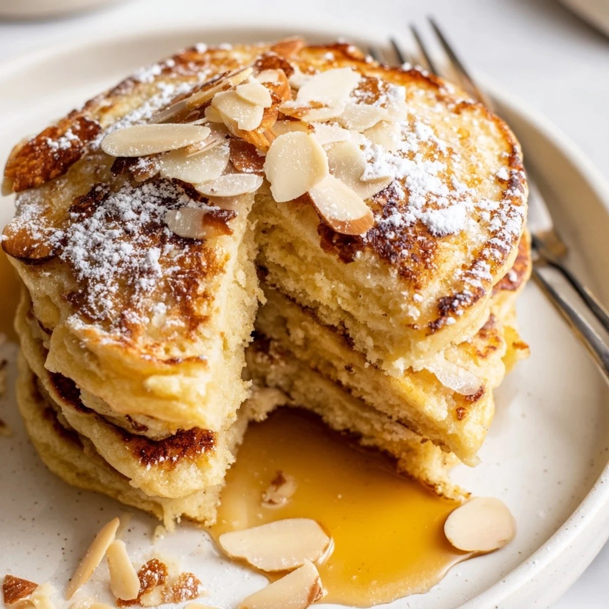 Almond Croissant Protein Pancakes stacked, golden edges, toasted almonds, maple syrup drizzle.