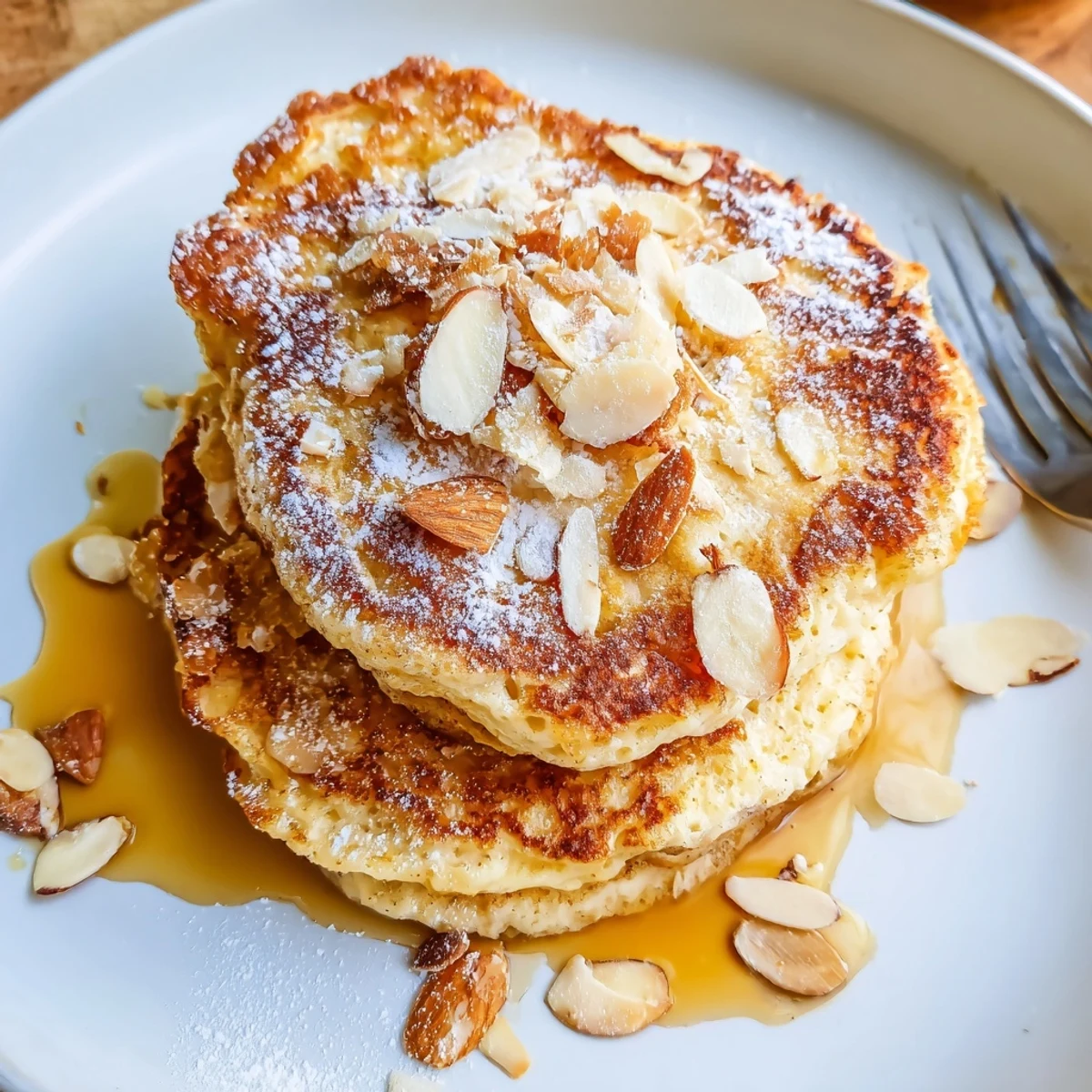 Fluffy almond scented pancakes with croissant crunch and powdered sugar, Almond Croissant Protein Pancakes.