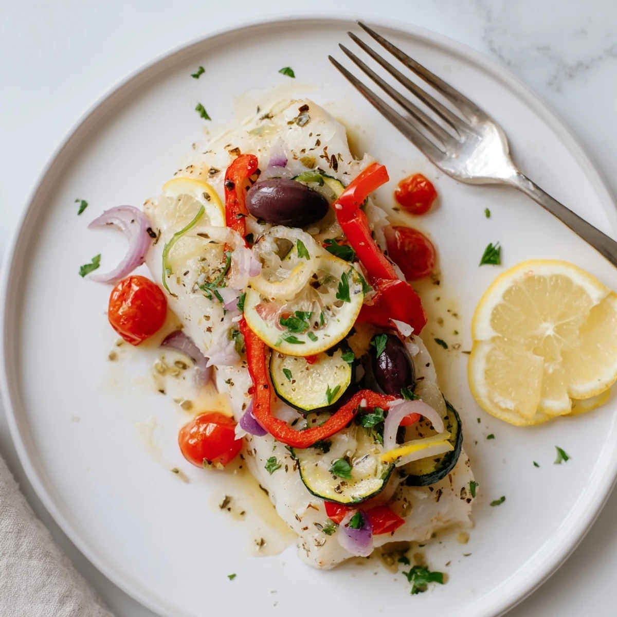 Air Fryer Mediterranean Cod In Parchment Paper steaming with lemon, olives, herbs