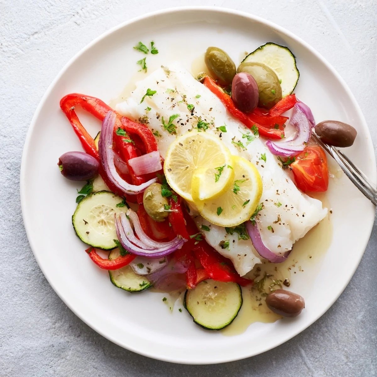 Air Fryer Mediterranean Cod In Parchment Paper reveals flaky, herb scented fillet