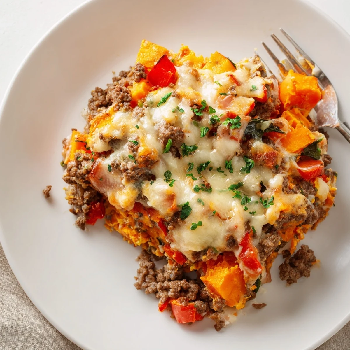 Slow-baked Cottage Cheese Ground Beef And Sweet Potato Casserole served with crisp green salad.
