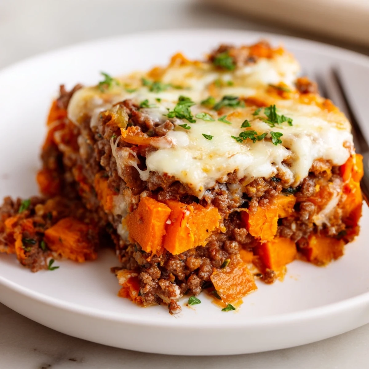 Cottage Cheese Ground Beef And Sweet Potato Casserole layered with melty cheese, steaming.