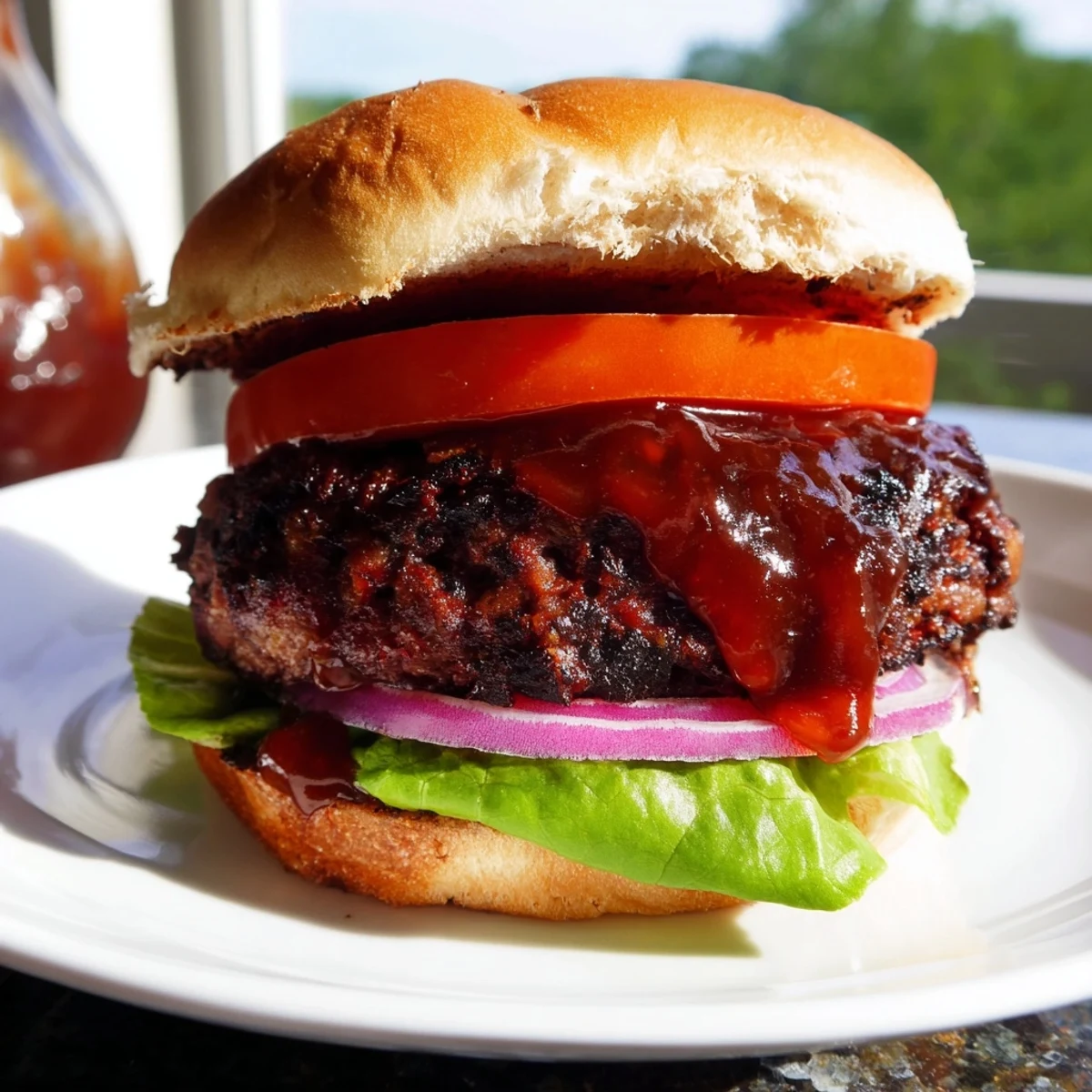 Juicy coffee rub burgers with smoky BBQ sauce on toasted buns, fresh lettuce, and ripe tomato slices