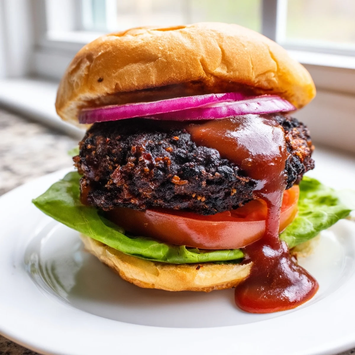 Golden grill-marked coffee rub burgers draped in thick, glossy smoky BBQ sauce with crisp toppings