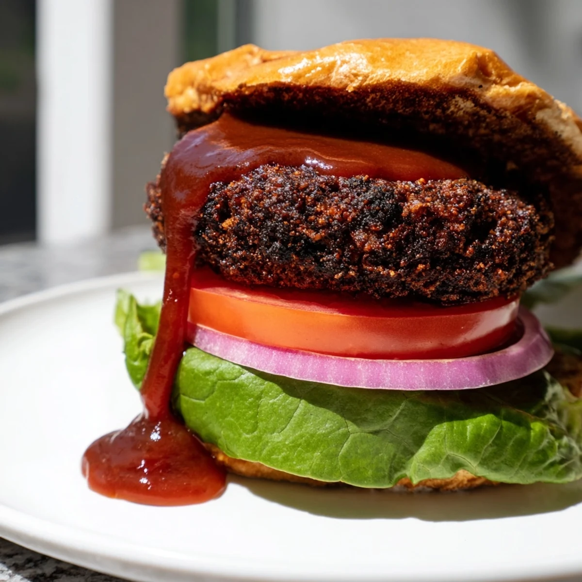 Hearty coffee rub burgers glistening with smoky BBQ sauce, stacked on buns beside sweet potato fries