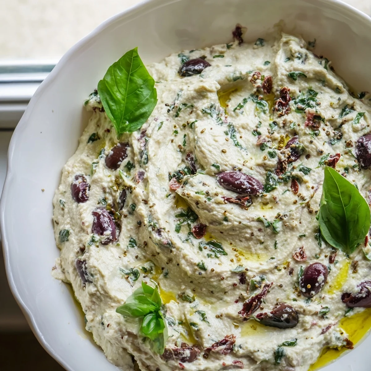 Creamy Italian Style Olive and Cheese Spread topped with fresh basil and golden olive oil drizzle