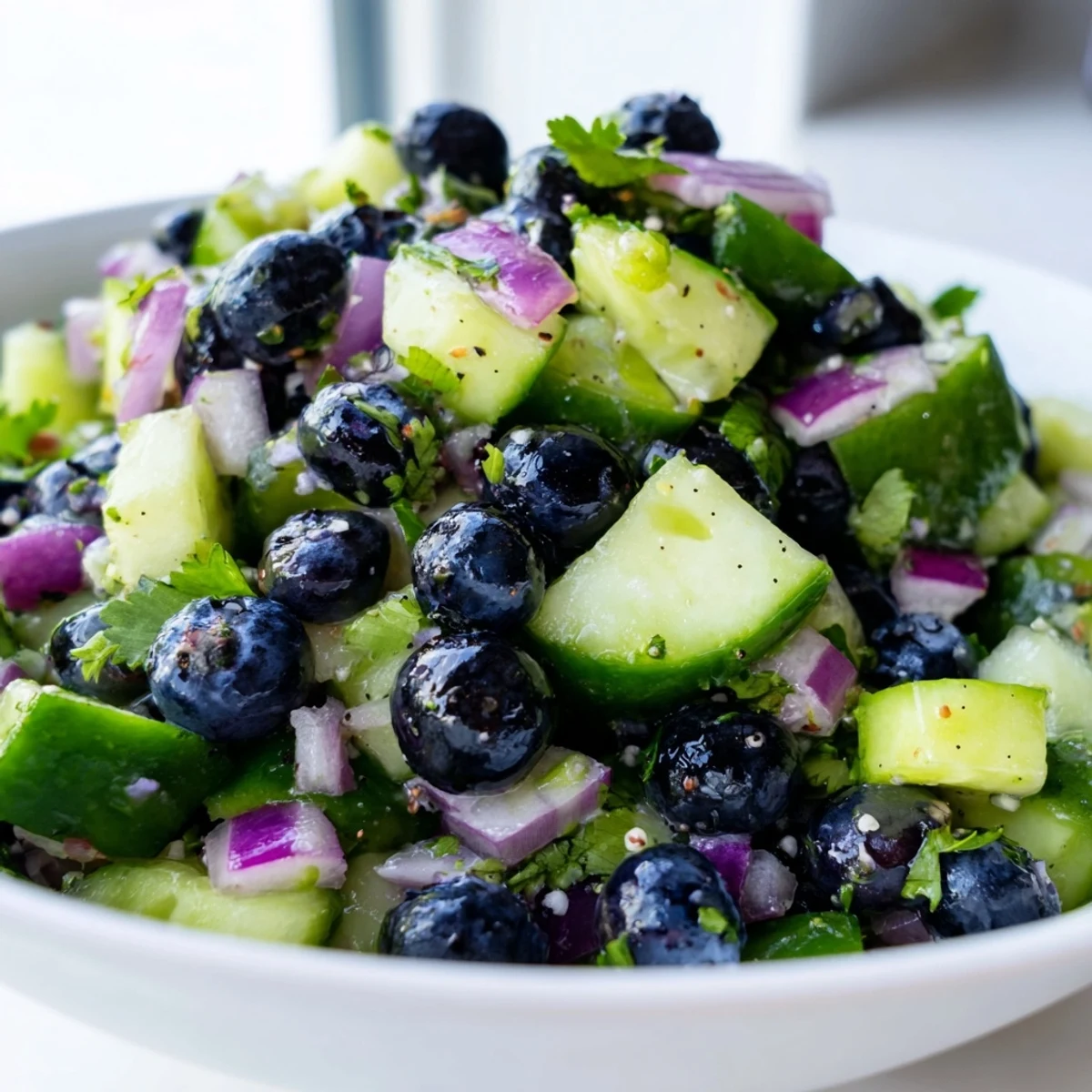 A colorful bowl of blueberry cucumber salsa with red onion, jalapeño, and fresh cilantro