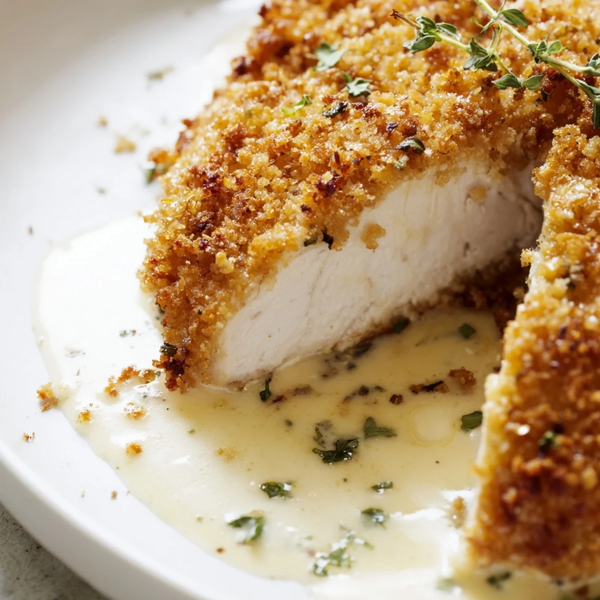 Golden crispy Parmesan chicken smothered in rich, velvety garlic cream sauce on a white plate