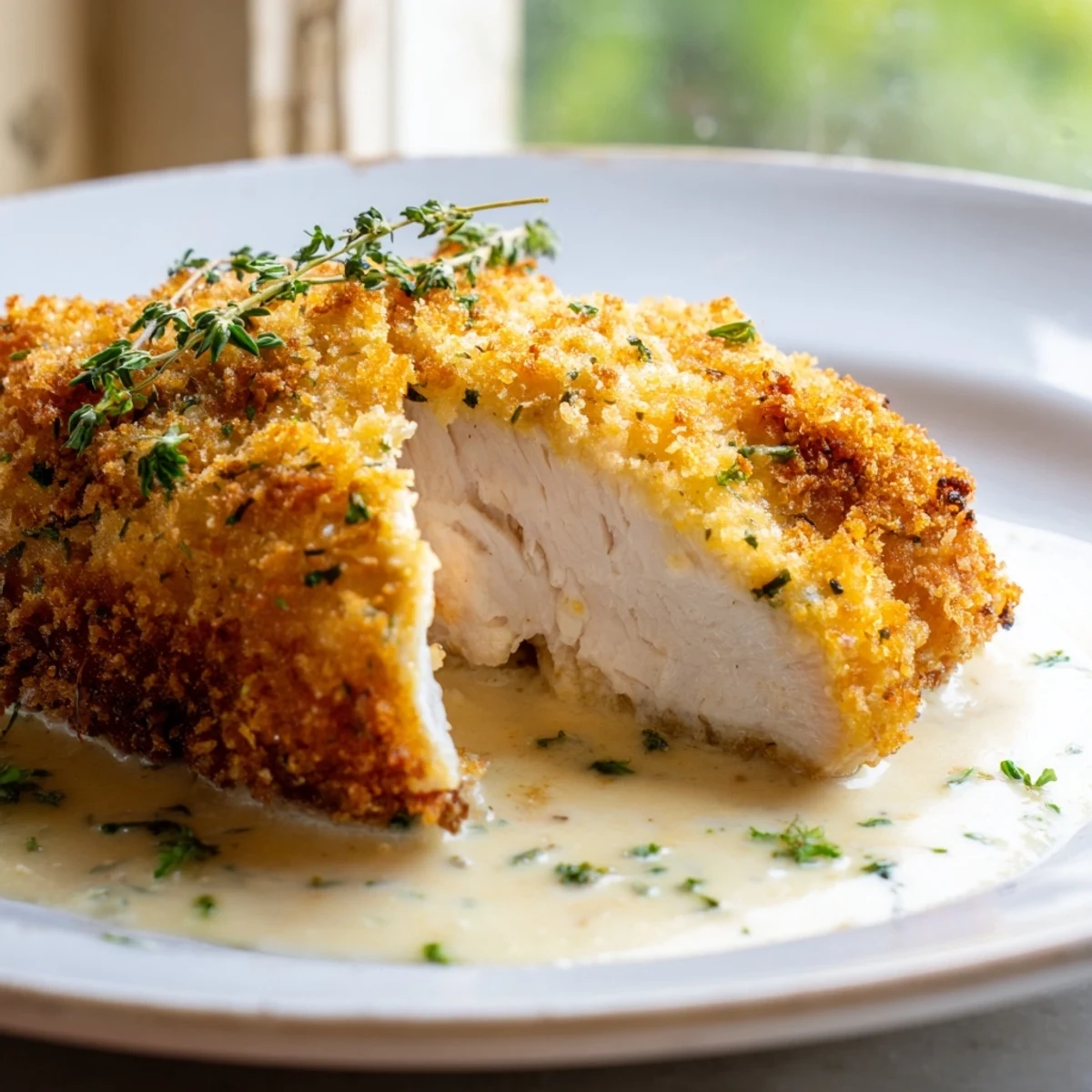 Crispy Parmesan chicken with creamy garlic sauce served over buttery mashed potatoes with parsley garnish