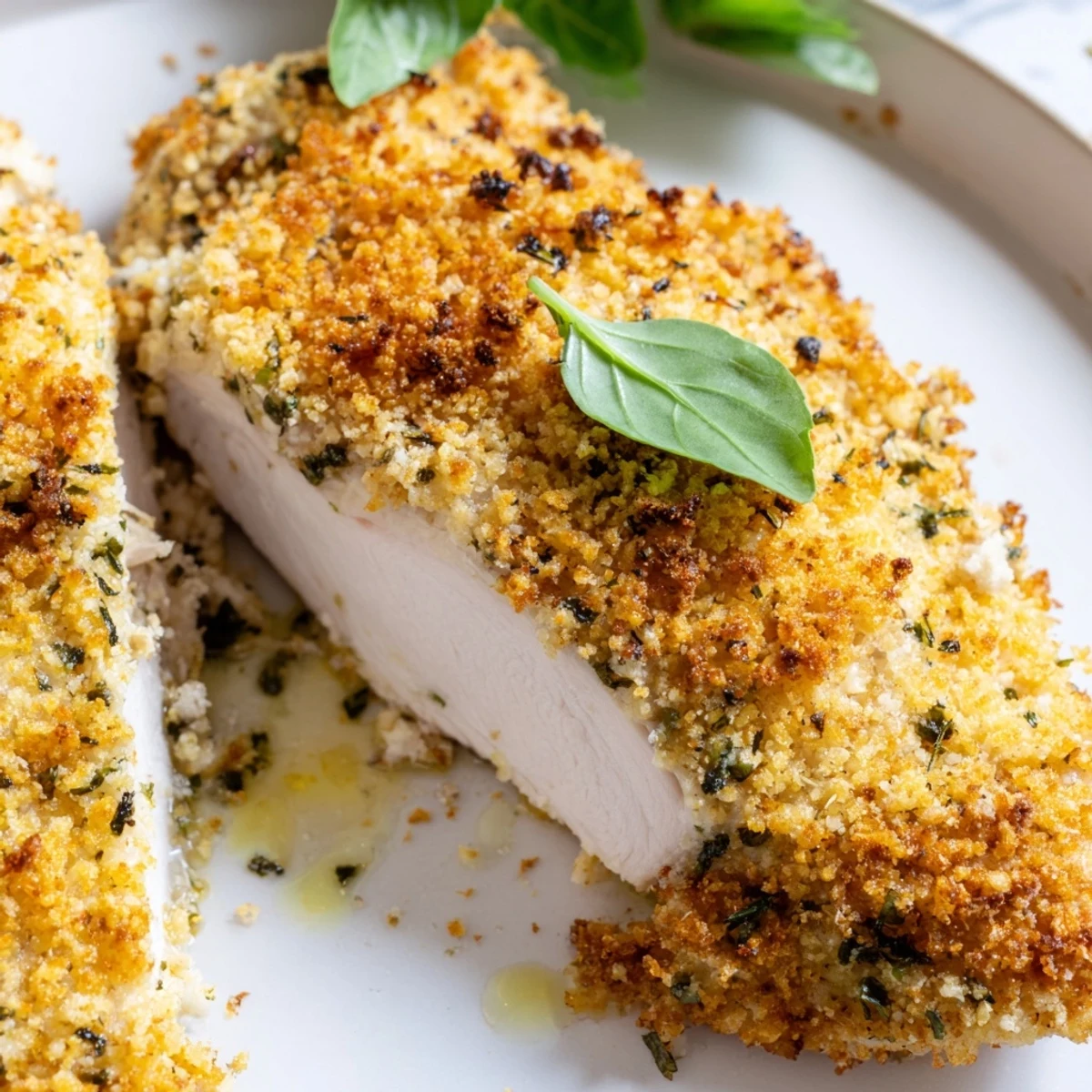 Golden baked Savory Herbed Parmesan Chicken with a crispy, herb-flecked crust on a rustic baking sheet