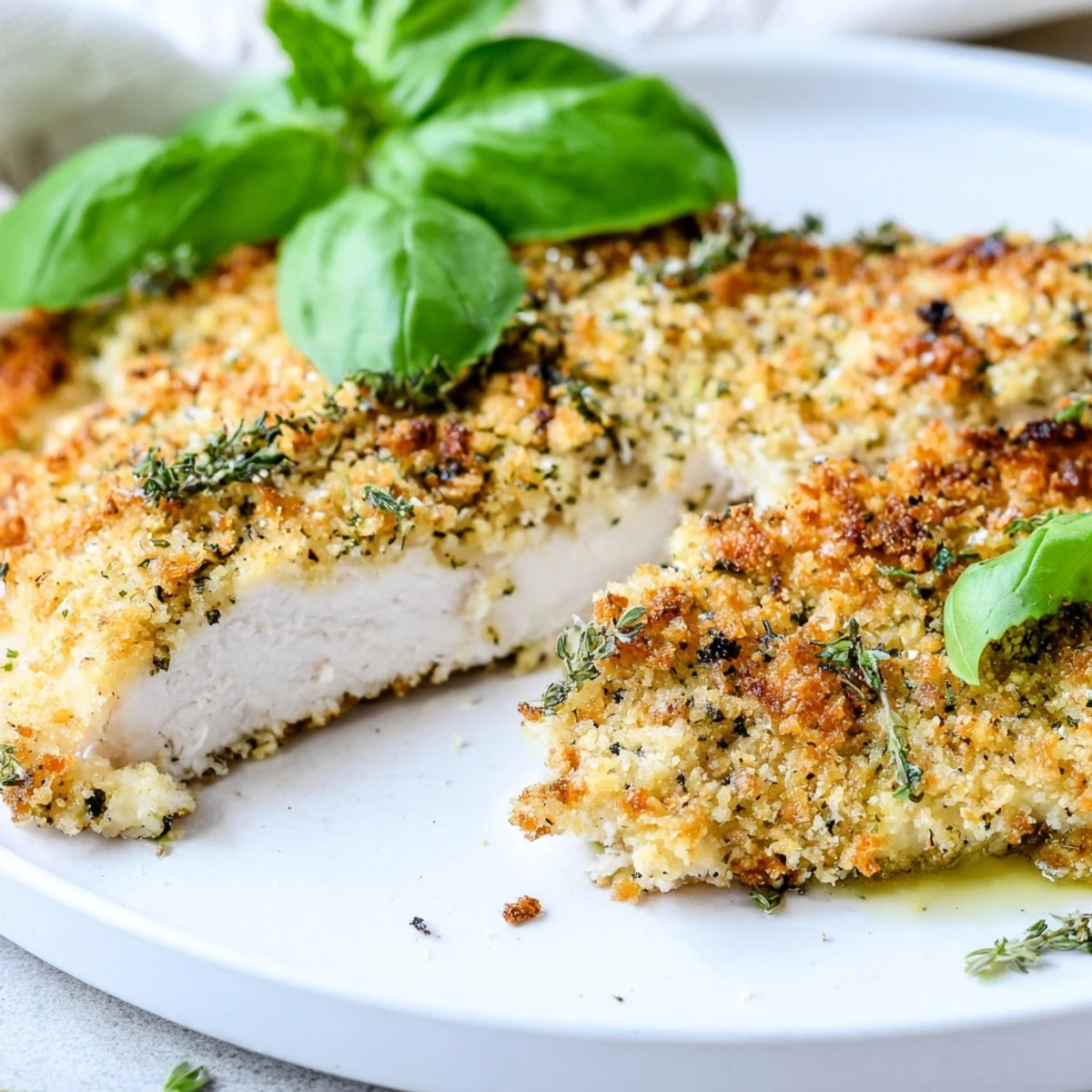 Juicy Savory Herbed Parmesan Chicken sliced open, revealing tender meat with a crunchy, golden coating