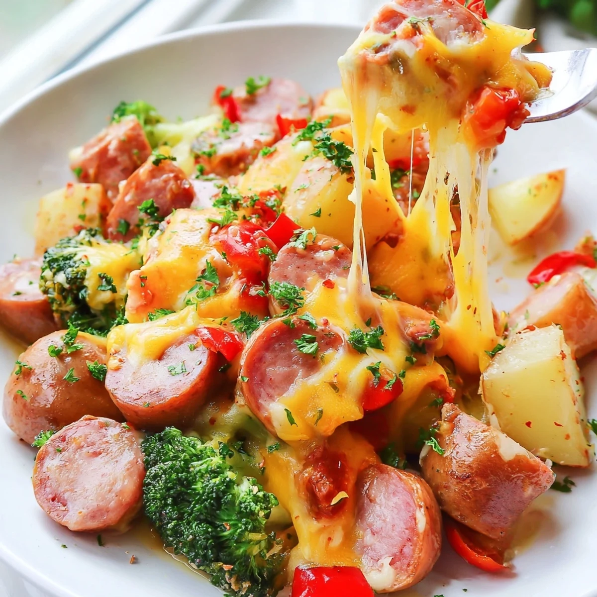 Cheesy Kielbasa Skillet bubbling with melted cheddar, smoky sausage, and tender potatoes