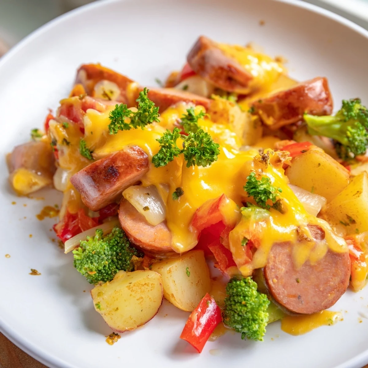 Gooey cheddar tops this hearty Cheesy Kielbasa Skillet with colorful roasted vegetables