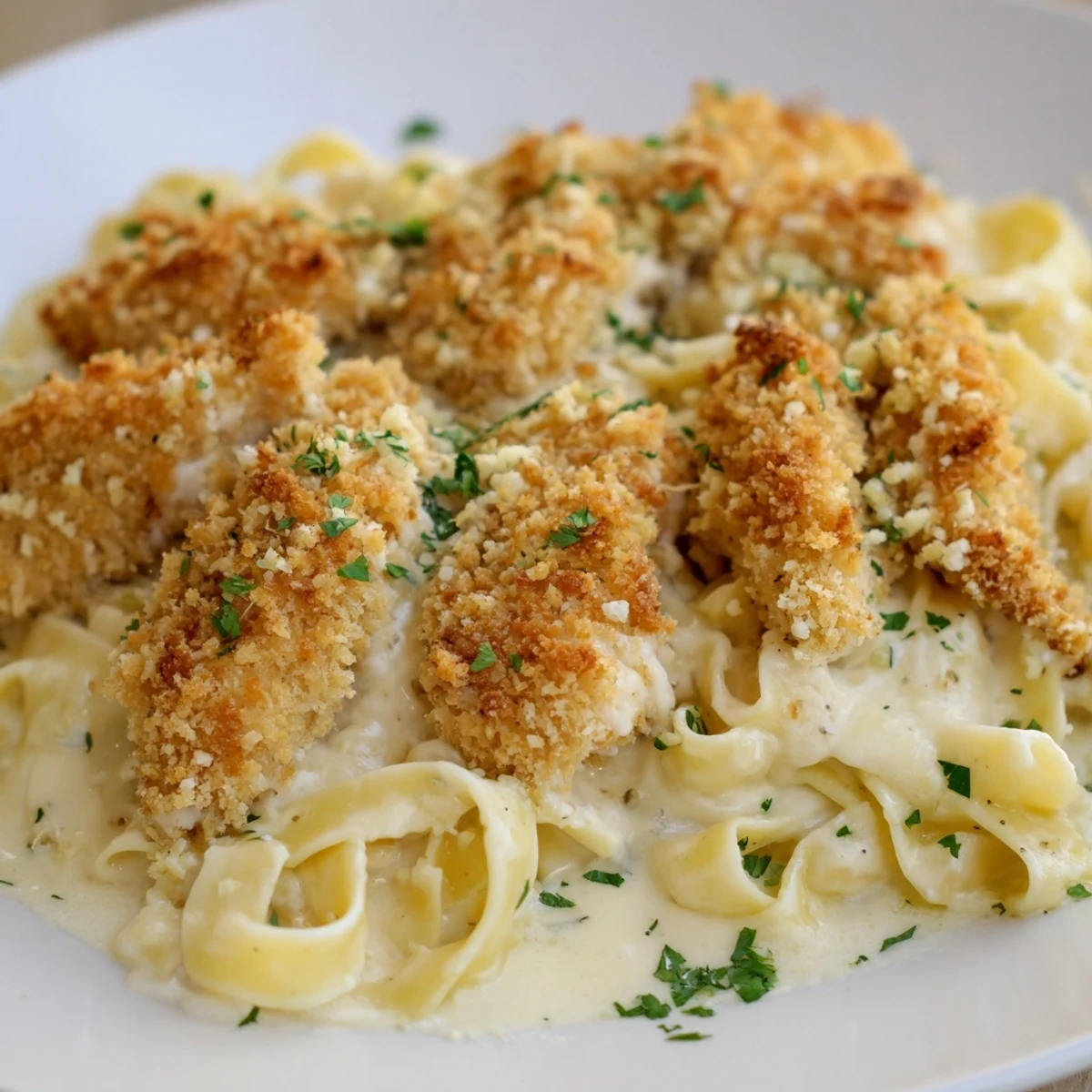 Creamy Family Friendly Crispy Chicken Alfredo piled high with golden, breaded cutlets and fresh parsley