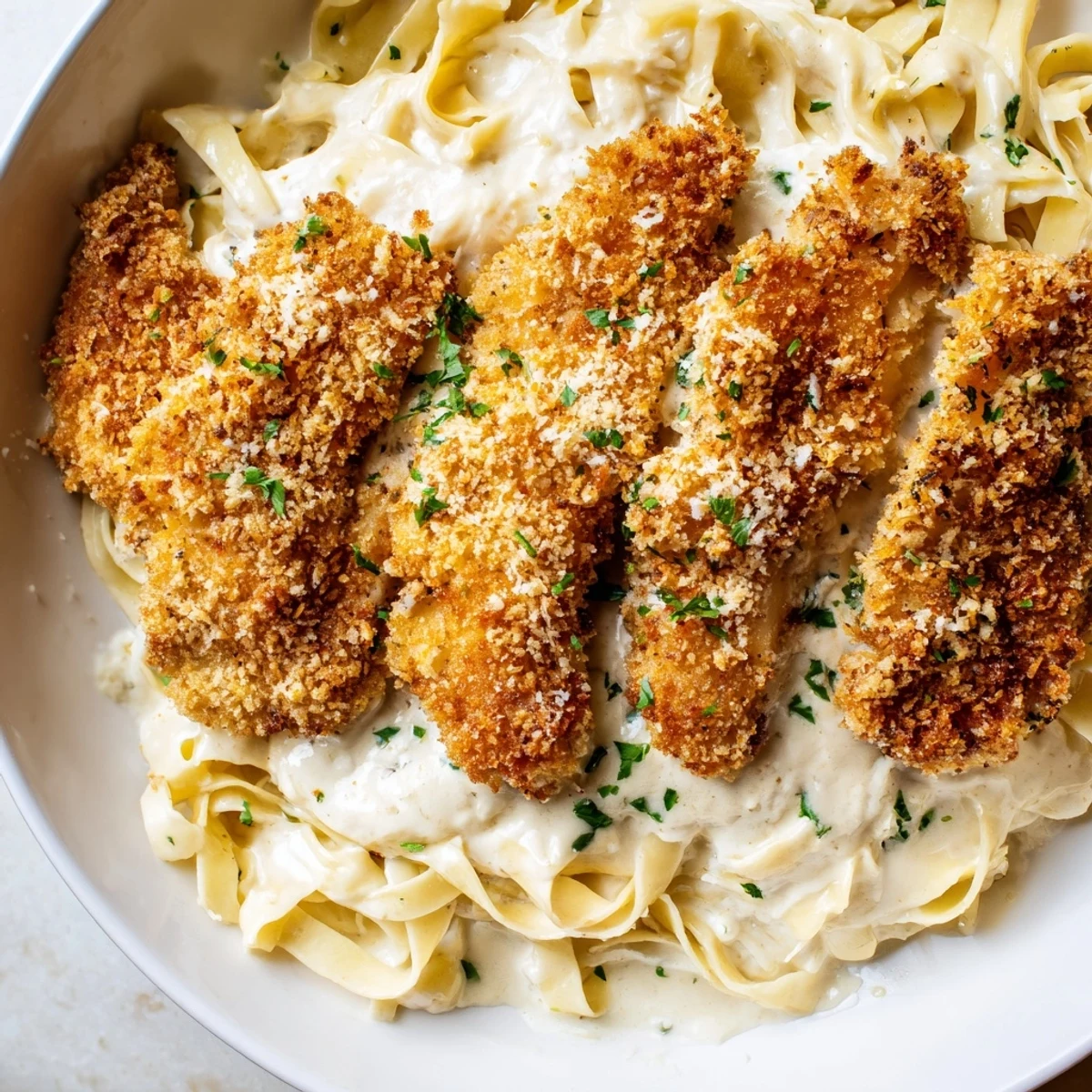 Family Friendly Crispy Chicken Alfredo tossed in rich Parmesan sauce on a warm dinner plate