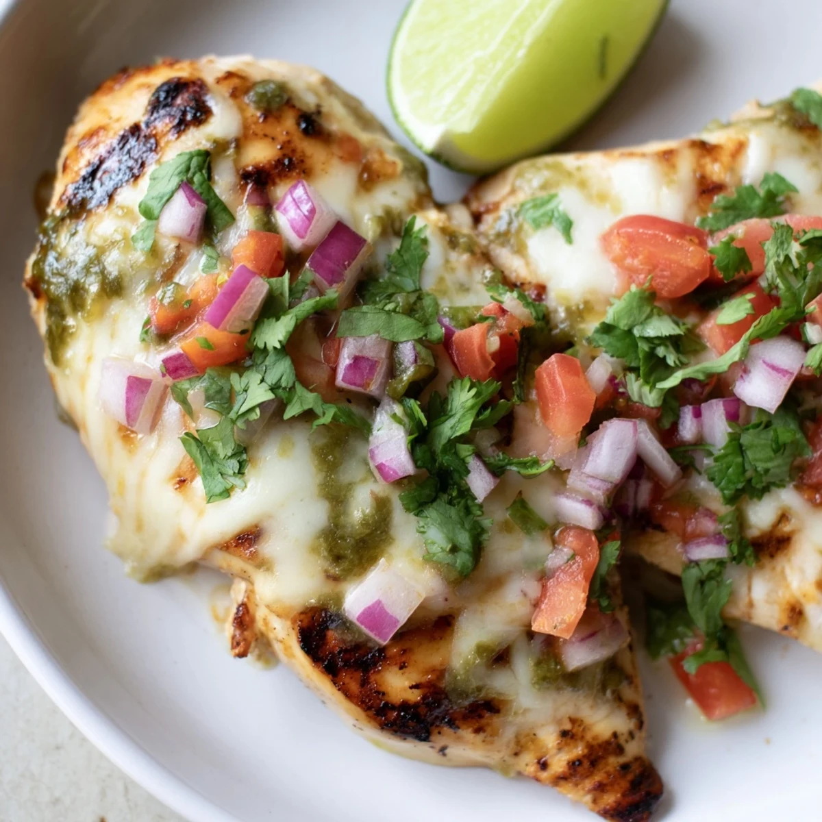 Cheesy Grilled Salsa Verde Pepper Jack Chicken with melted cheese on a rustic plate