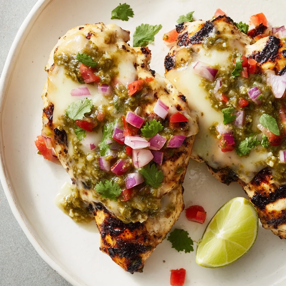 Golden grilled chicken smothered in salsa verde and bubbling Pepper Jack cheese, garnished with cilantro