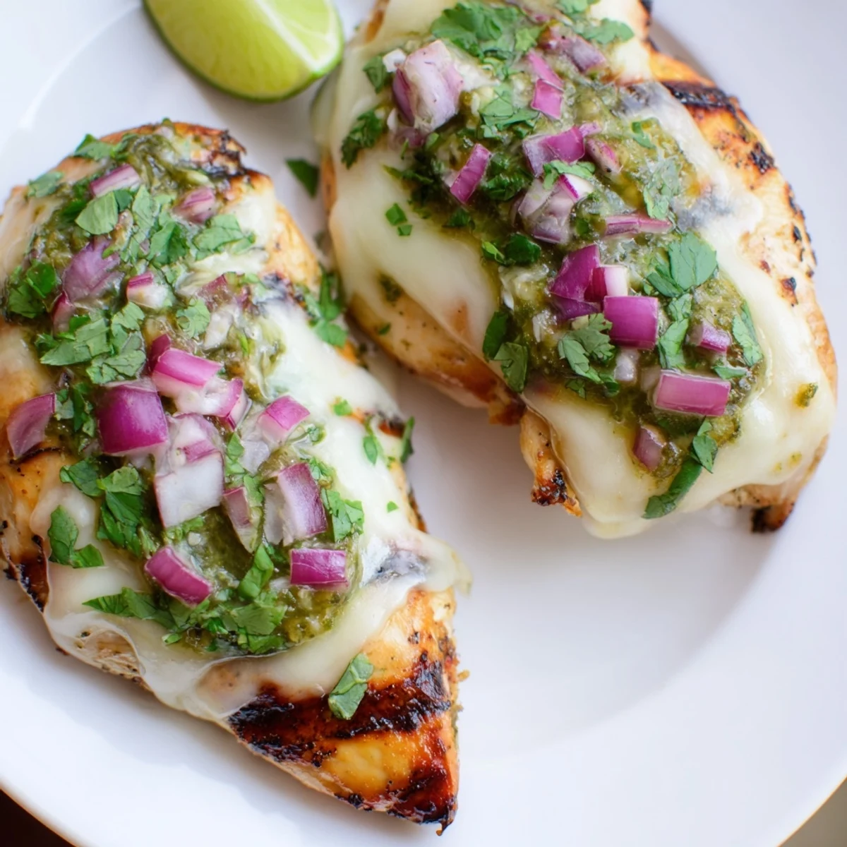 Juicy Cheesy Grilled Salsa Verde Pepper Jack Chicken resting on a wooden cutting board, topped with diced red onion