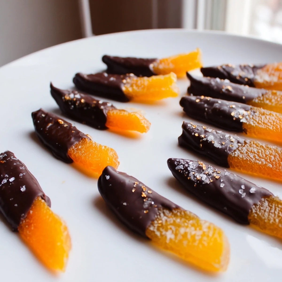 Glistening chocolate covered orange peels arranged on parchment with flaky sea salt sprinkles