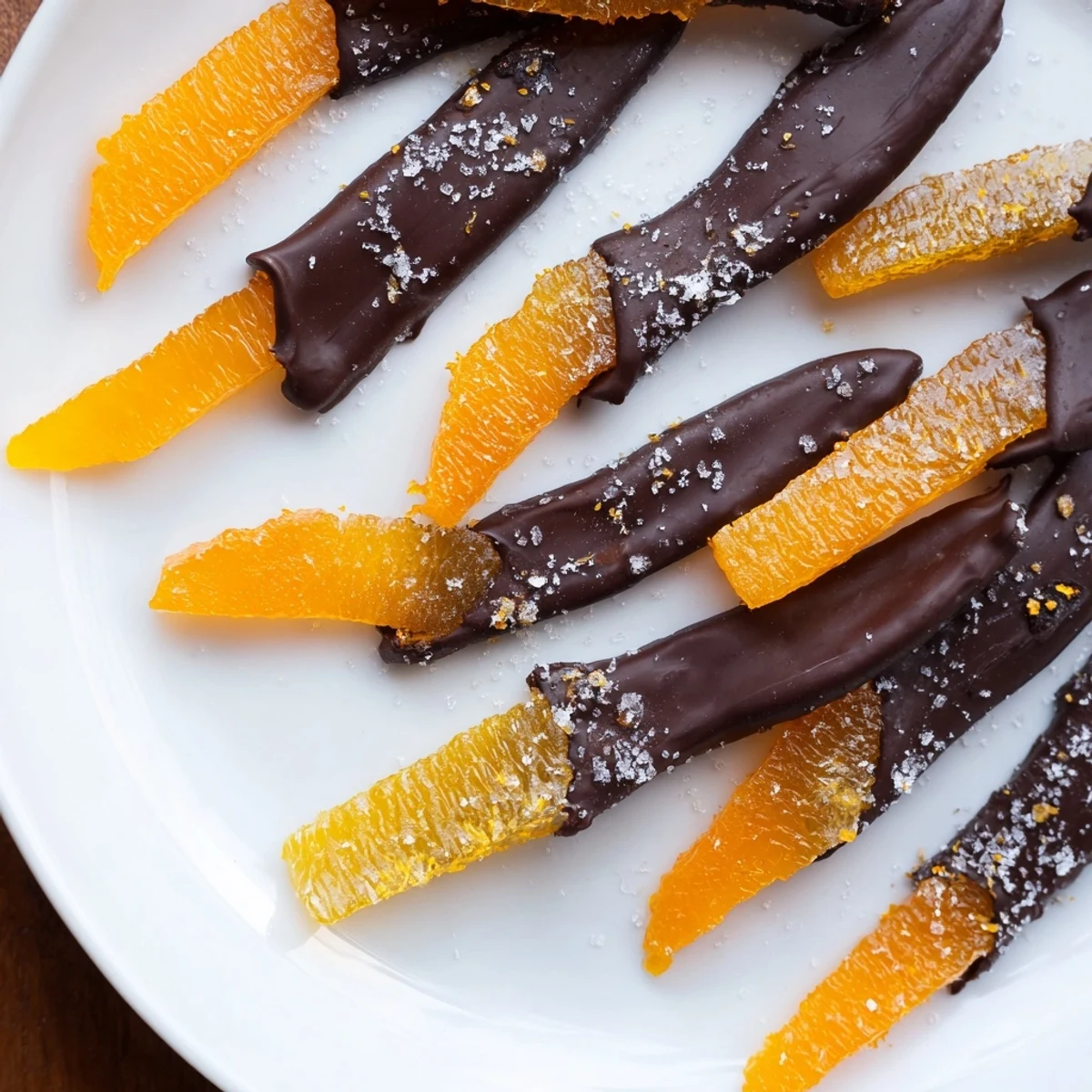 Candied chocolate covered orange peels dipped in dark glossy melted chocolate coating