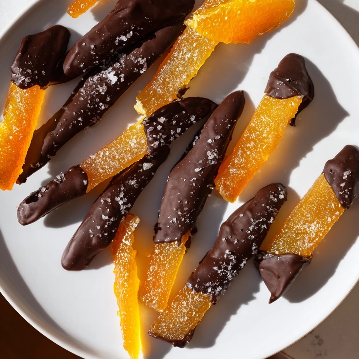 Golden candied orange strips half-dipped in rich chocolate covered orange peels garnish