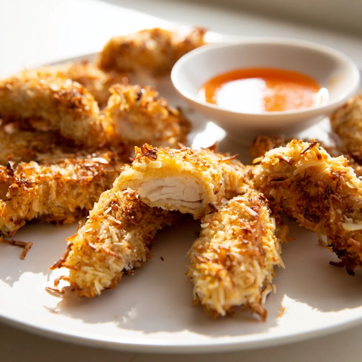 Golden coconut chicken strips arranged on a platter with sweet chili dipping sauce