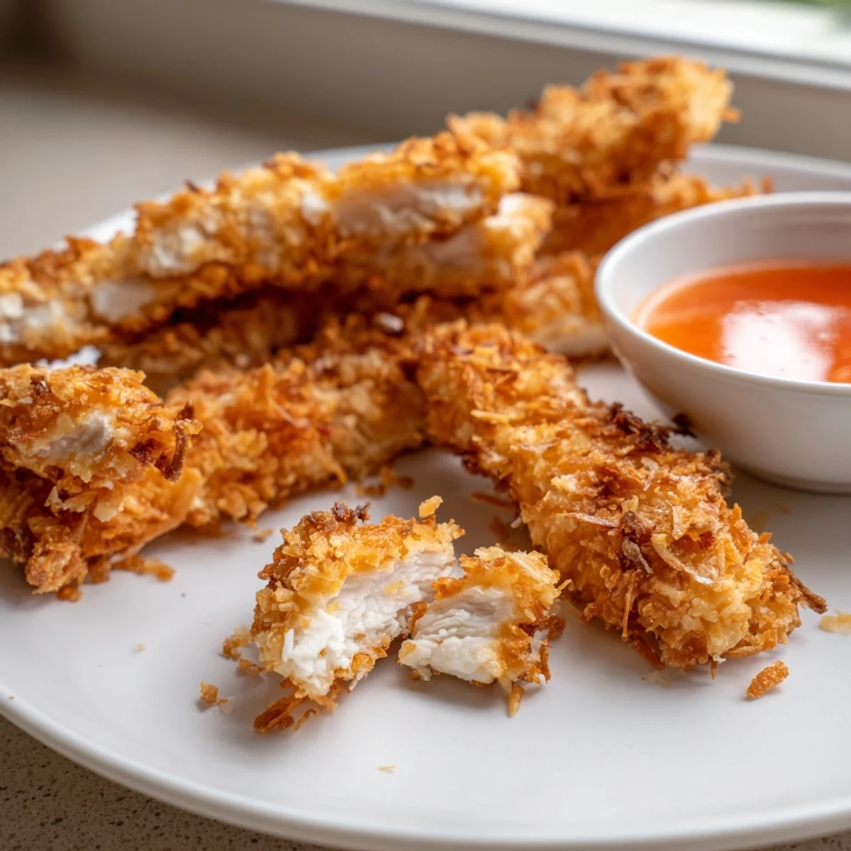 Crispy coconut chicken tenders fresh from the oven showcasing a crunchy golden crust
