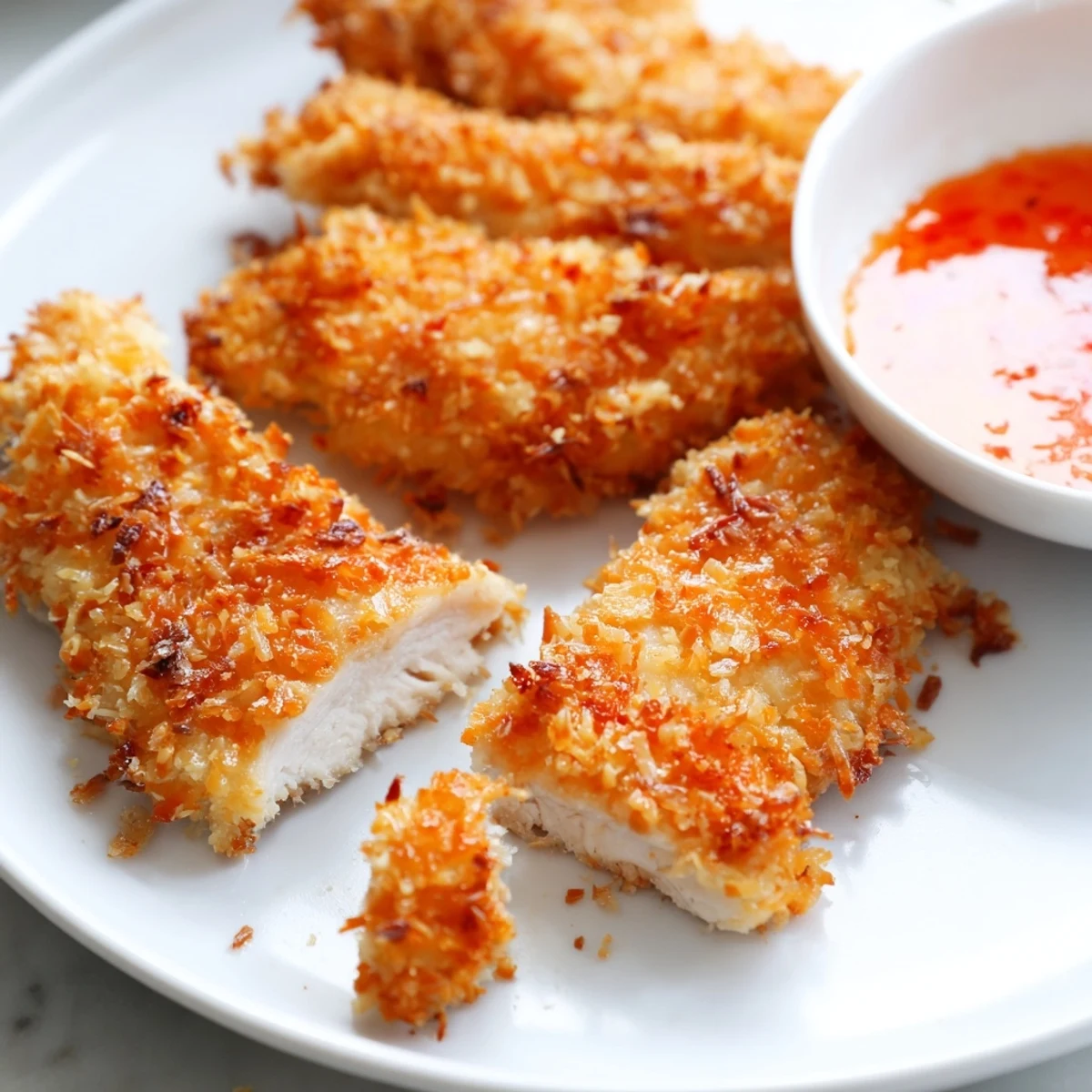 Crunchy coconut chicken served alongside mango chutney garnished with fresh tropical herbs