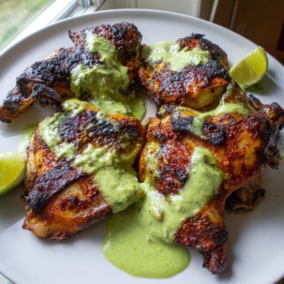 Juicy sliced Peruvian Chicken Delight plated alongside roasted potatoes and creamy cilantro sauce