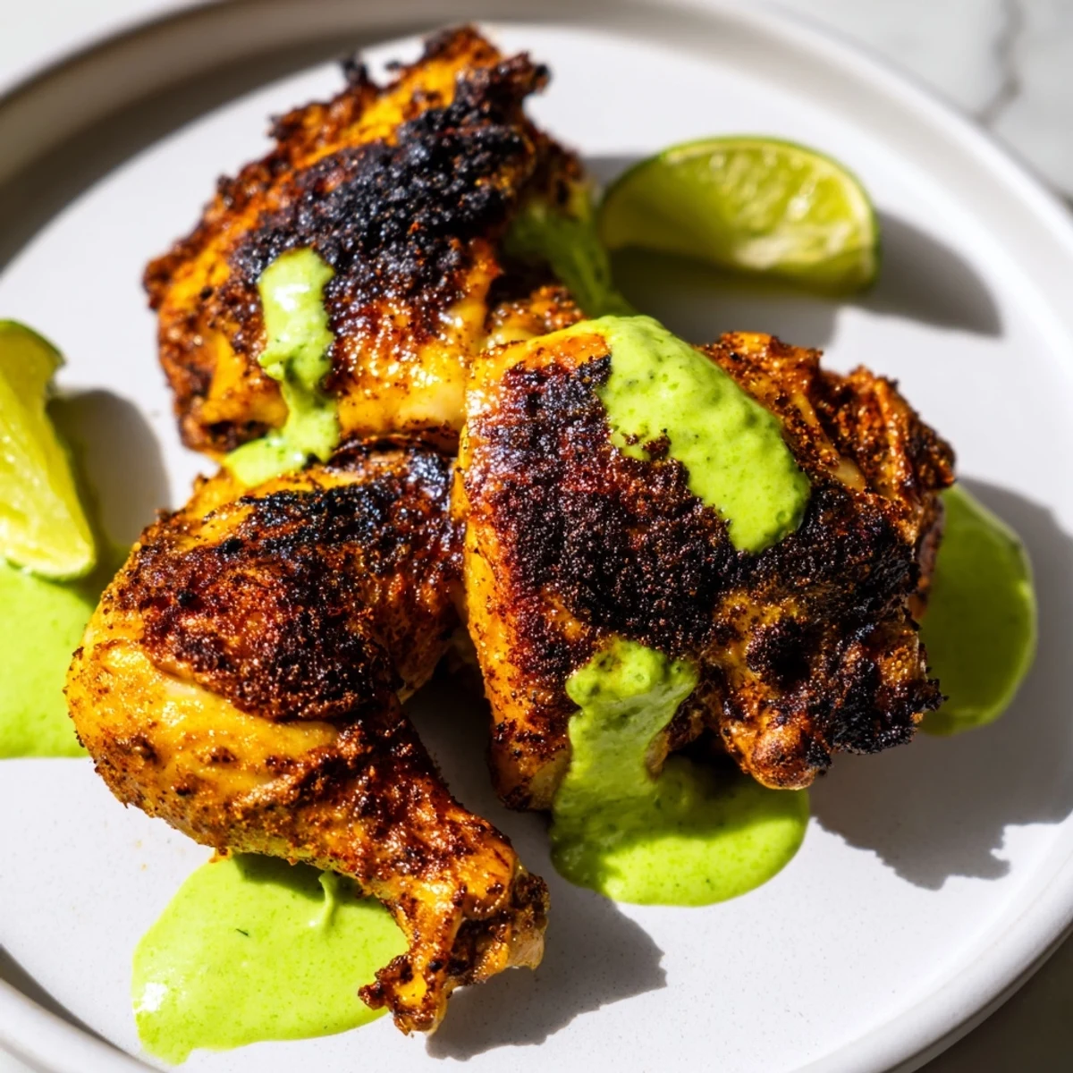 Golden Peruvian Chicken Delight with crispy skin and vibrant green sauce on a rustic platter