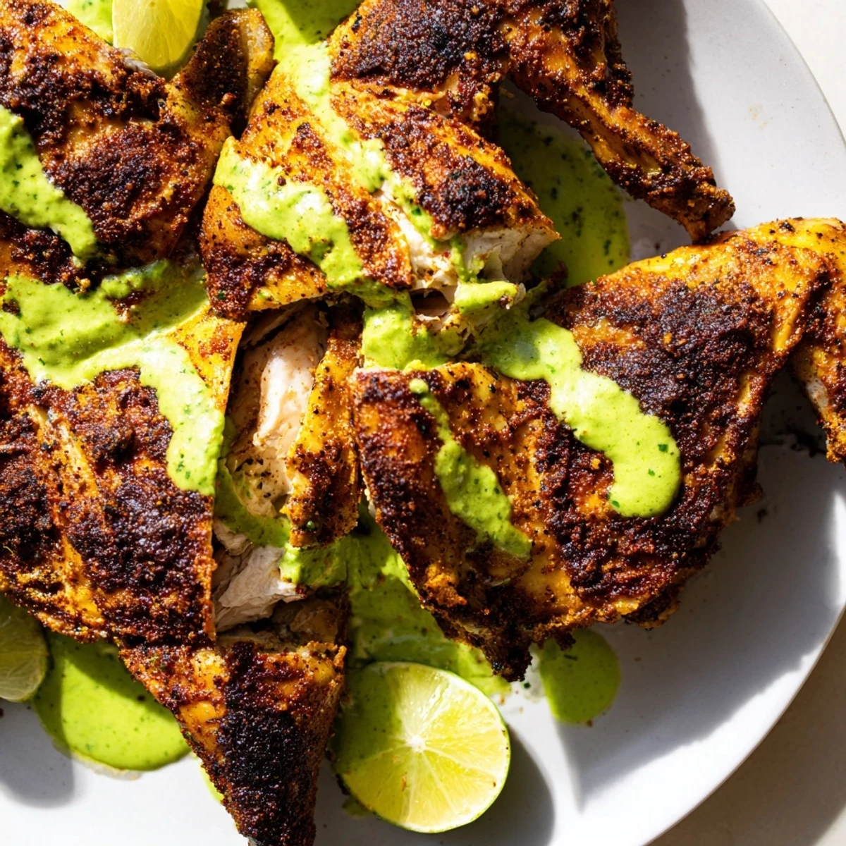 Close-up of tender Peruvian Chicken Delight drizzled with spicy aji verde on a white plate