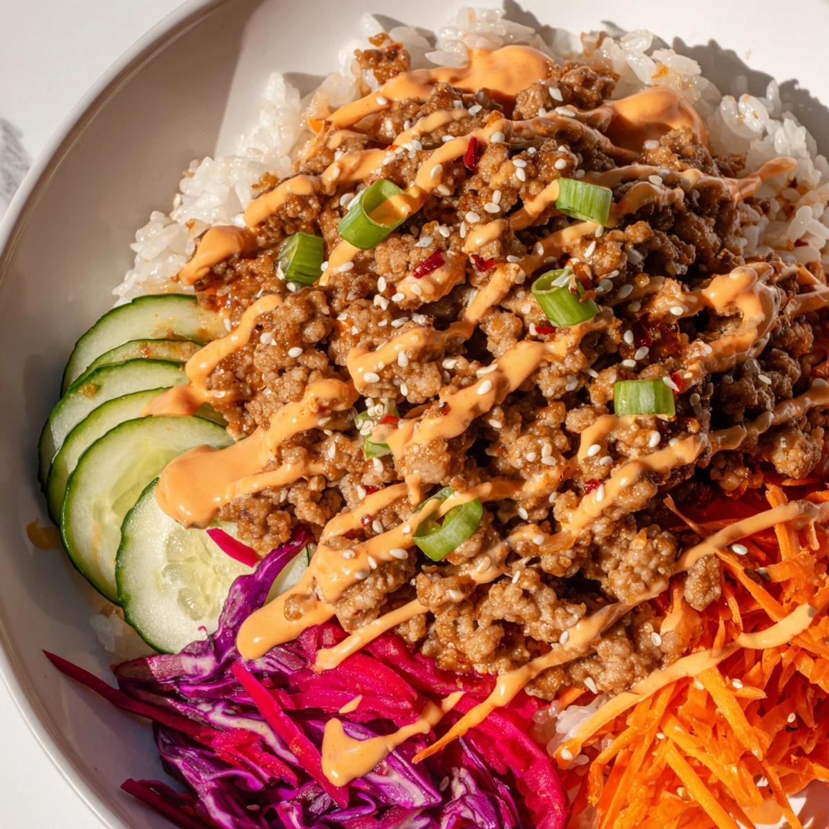 Hearty ground turkey rice bowls topped with colorful veggies and sweet spicy Bang Bang Sauce