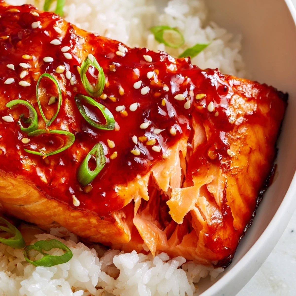 Glossy sriracha honey glazed salmon bowls with vibrant vegetables and steamed white rice
