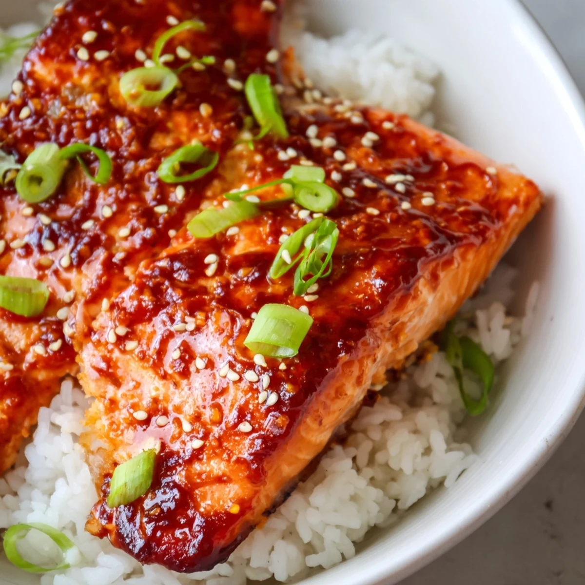 Caramelized salmon fillet resting on rice with crisp cucumber and shredded carrots in these sriracha honey glazed salmon bowls