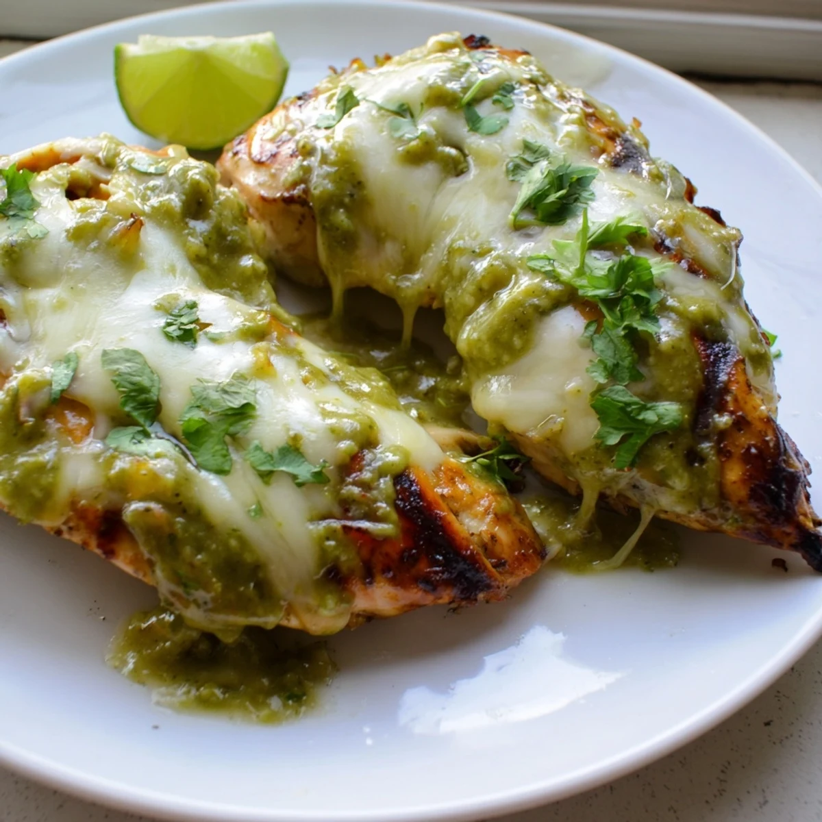 Sizzling salsa verde pepper jack chicken on a grill with gooey cheese and char marks