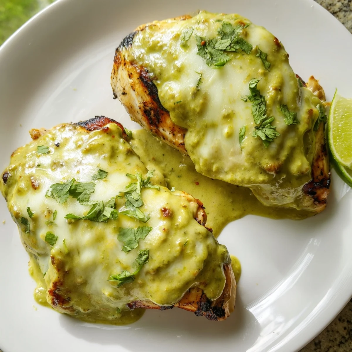 Juicy grilled salsa verde pepper jack chicken topped with bubbling melted cheese and fresh cilantro
