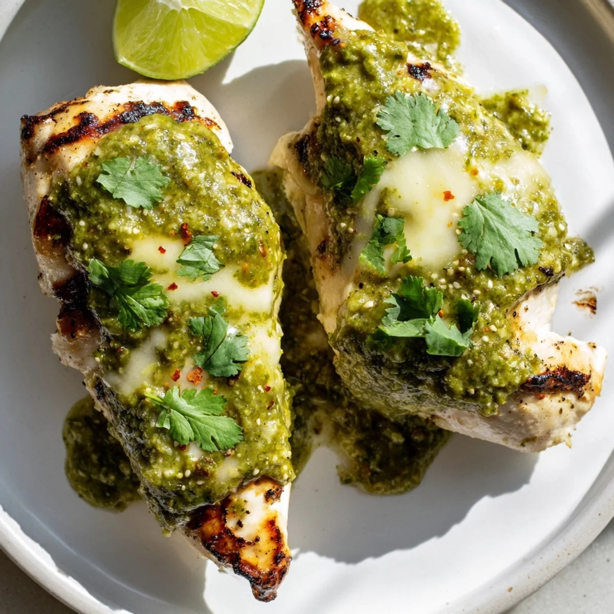 Golden grilled chicken smothered in tangy salsa verde and pepper jack cheese with lime wedges