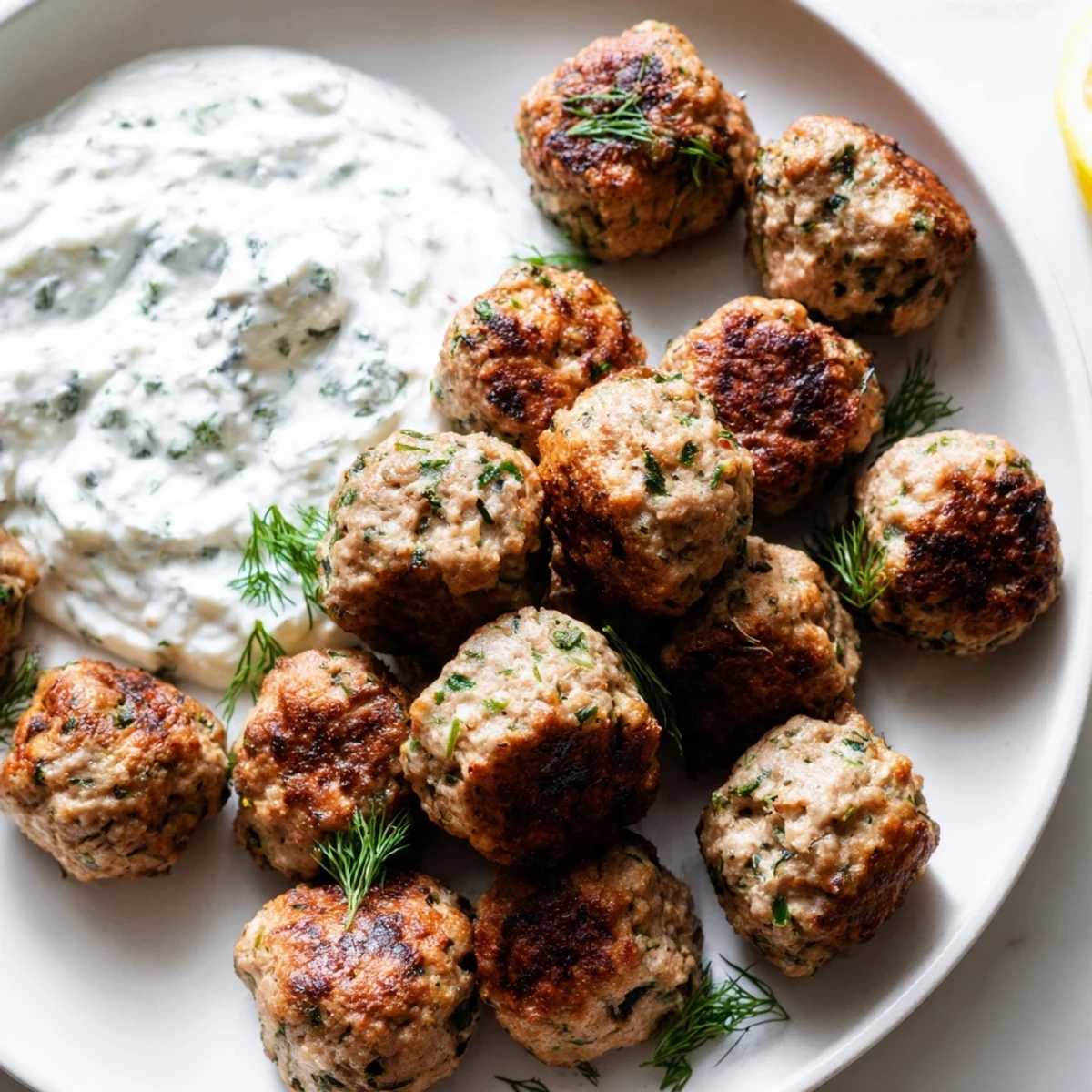 Herb-flecked Greek turkey meatballs with tzatziki drizzled with olive oil on rustic plate