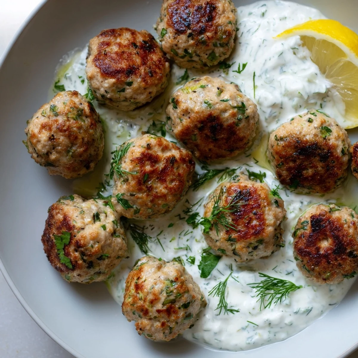 Golden Greek turkey meatballs nestled beside a bowl of cool, creamy tzatziki sauce