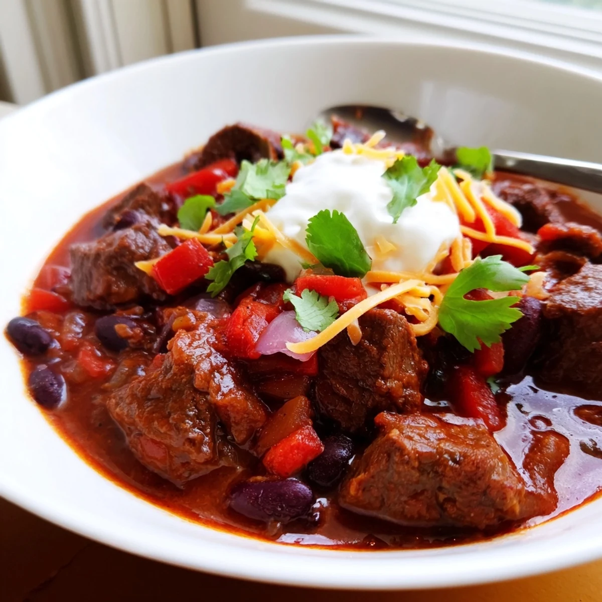 Steaming bowl of beefy chili stew topped with sour cream and fresh cilantro