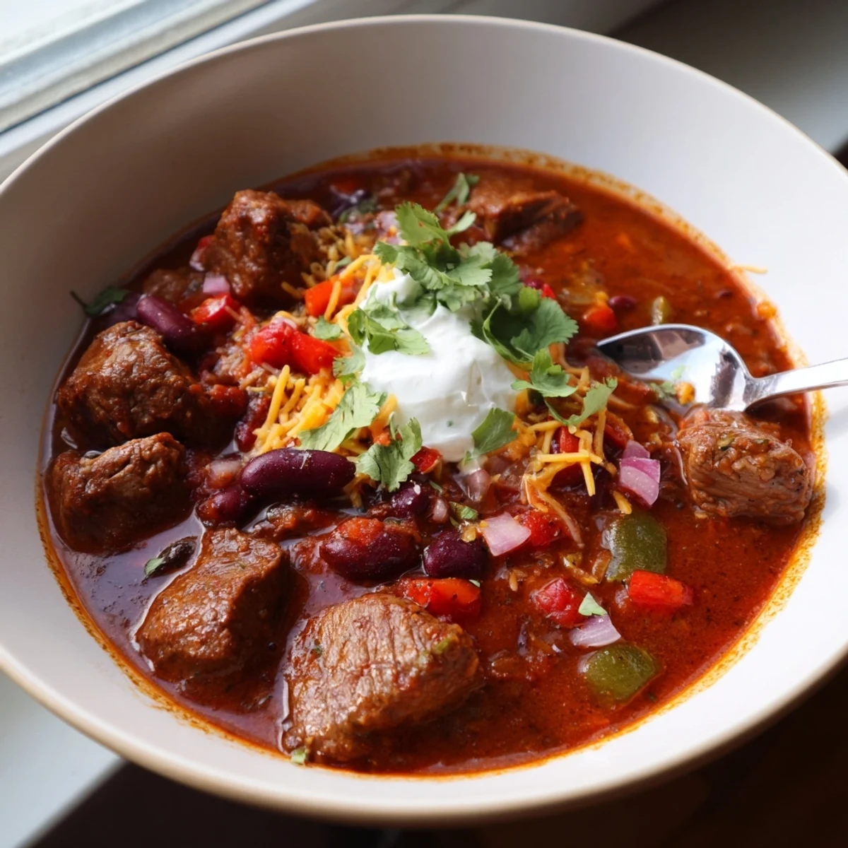 Hearty beefy chili stew loaded with tender beef chunks beans and rich tomato broth