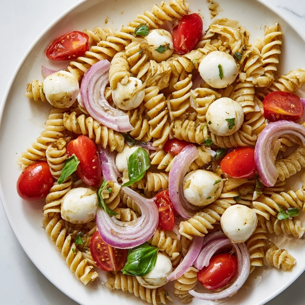 Vibrant Caprese Pasta Salad drizzled with balsamic dressing and fresh basil leaves